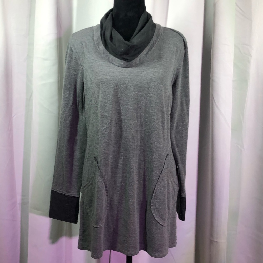 Cable & Gauge Double Layer Jersey Knit Cowl Tunic Raw Seams Gray Black XL